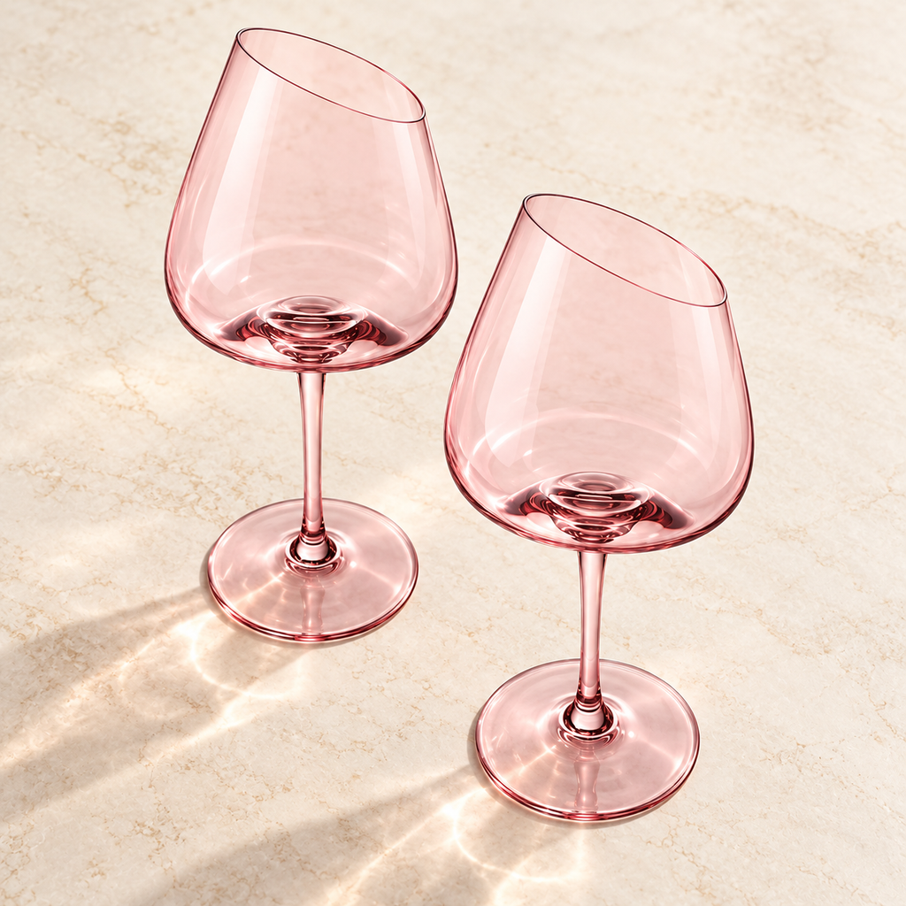 Elevated view of two empty pink slanted-rim wine glasses