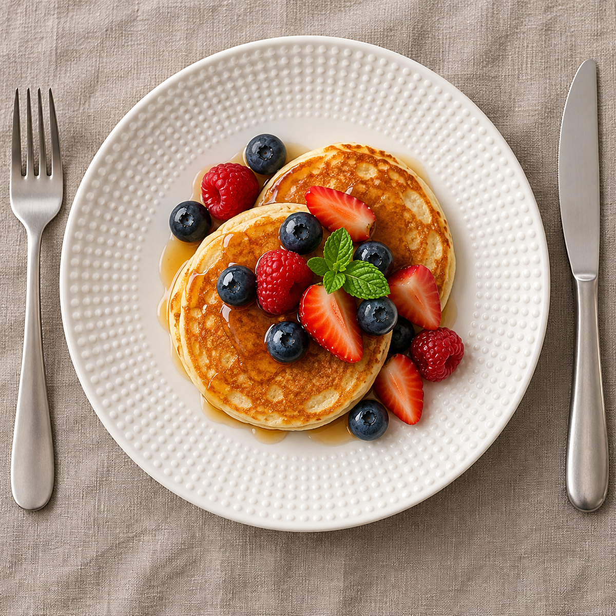 Overhead breakfast on beaded shallow plate; food and cutlery are styling props
