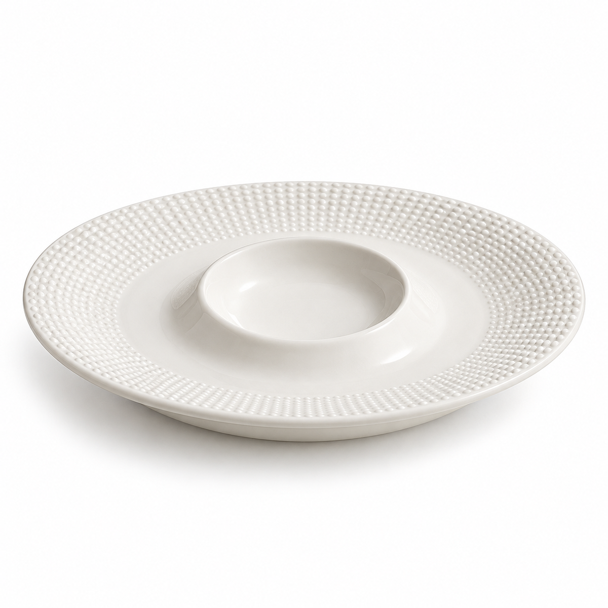 White beaded volcano plate with central raised well on white