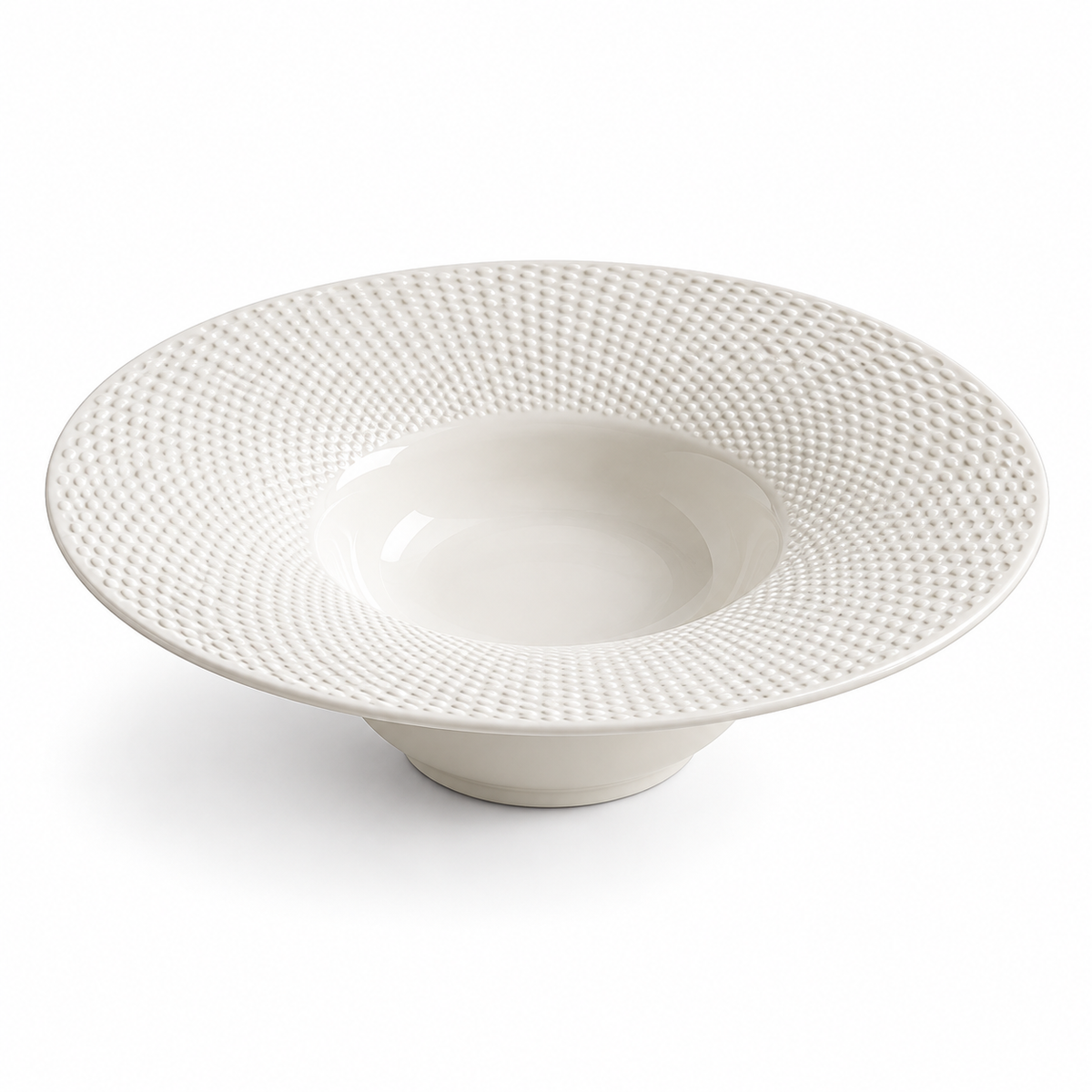 Large white beaded brim-up hat bowl on white