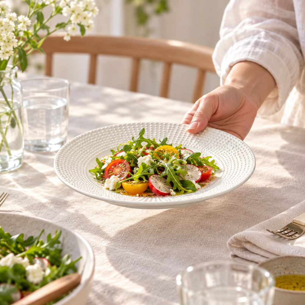 Hand carrying beaded shallow plate with salad; food is a styling prop