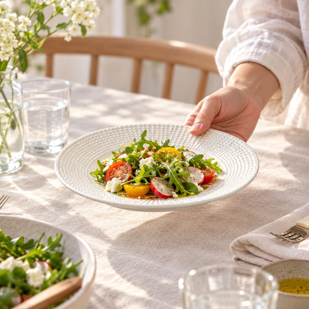 Hand carrying beaded shallow plate with salad; food is a styling prop
