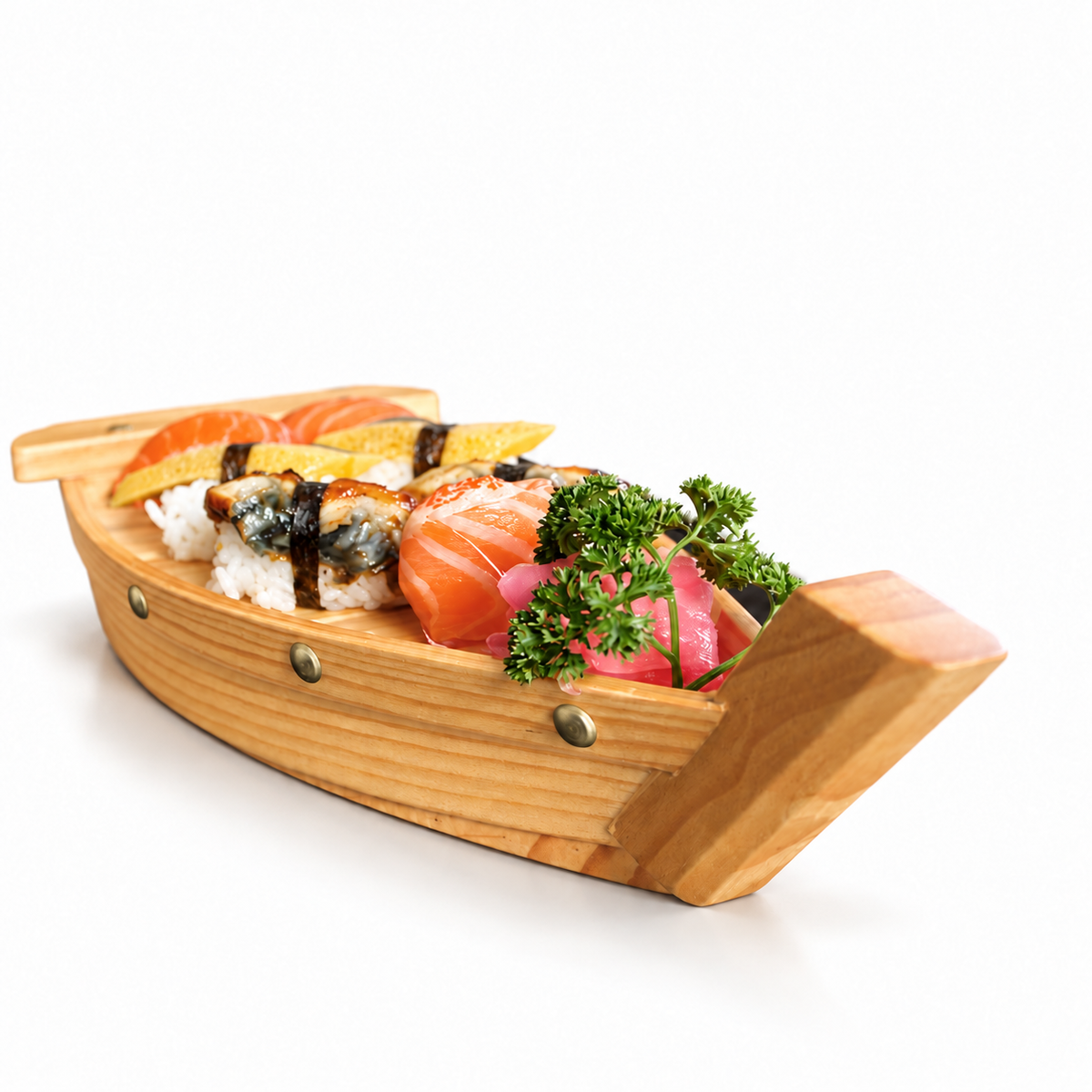 Pine sushi serving boat, hero styling; food and accessories not included