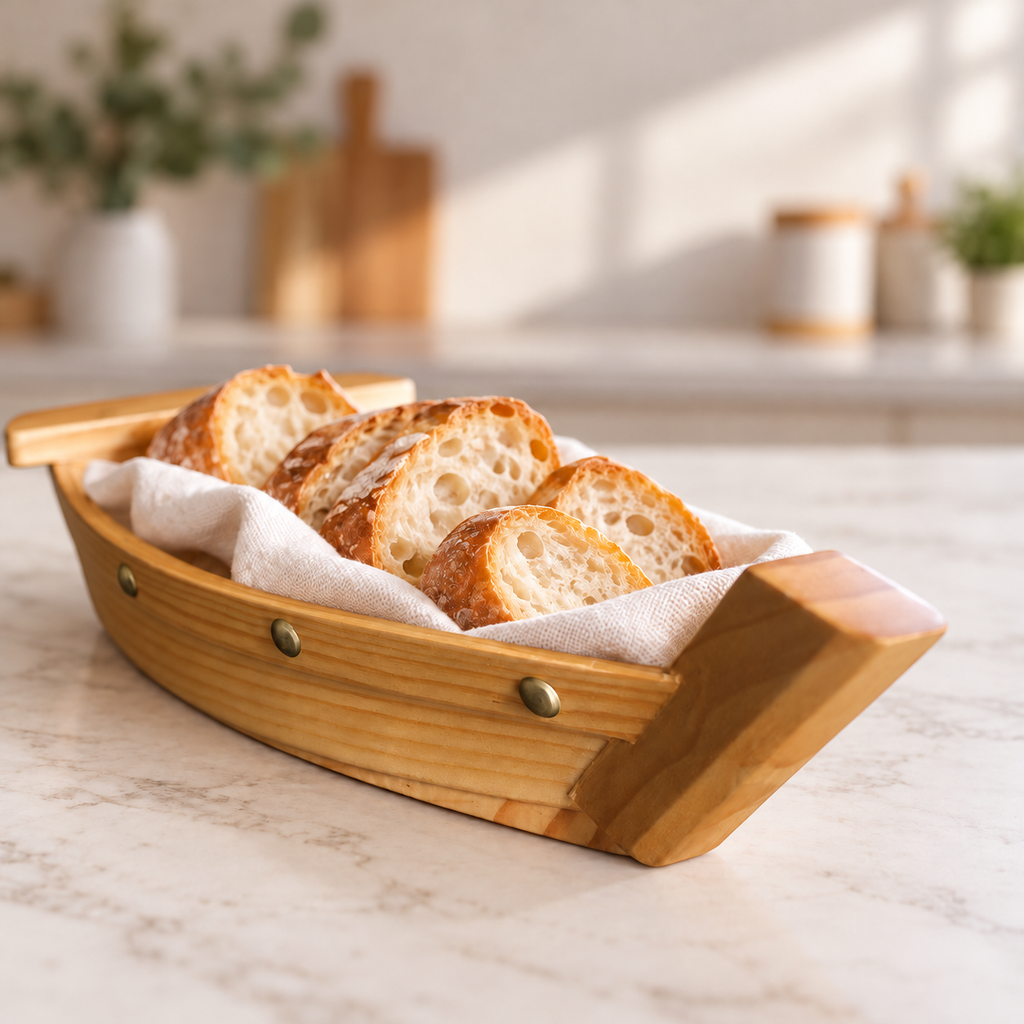 Pine sushi serving boat, bread styling; food and accessories not included