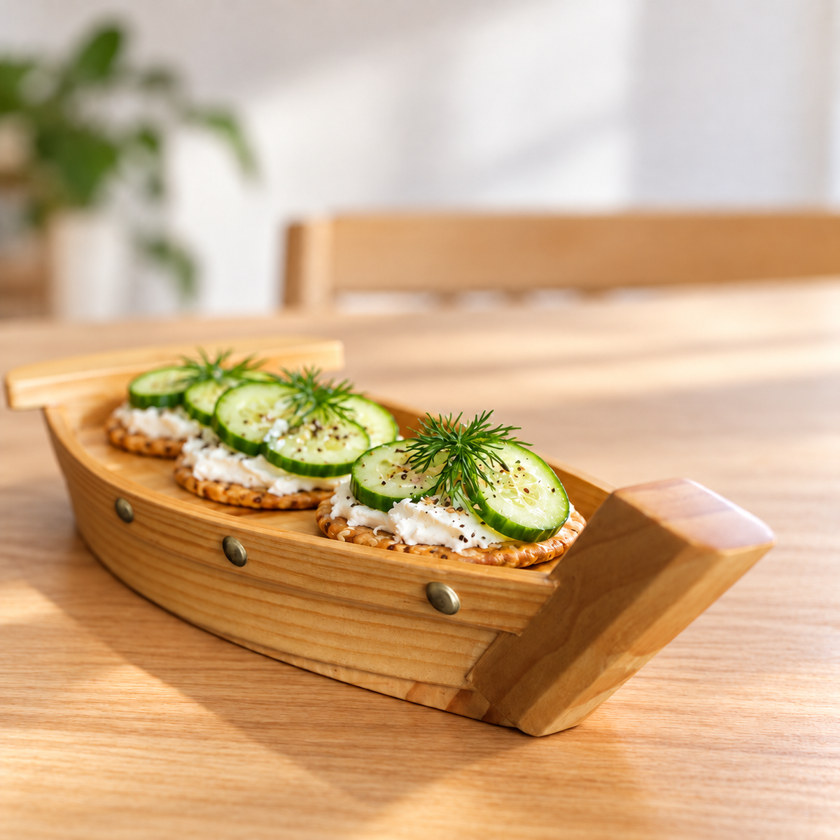 Pine sushi serving boat, canapes styling; food and accessories not included
