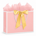 One pink gift bag with white trim, a gold bow, rope handles and pink tissue.