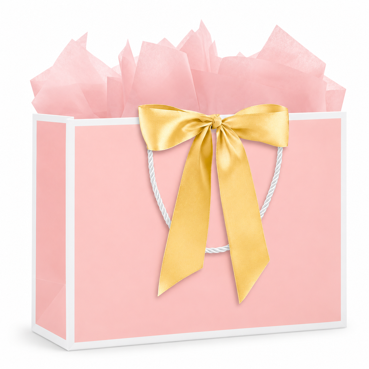One pink gift bag with white trim, a gold bow, rope handles and pink tissue.