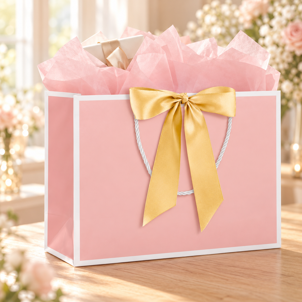 Pink gift bag with white trim and a gold bow in a gifting setting; gift contents and flowers are styling props, not included.