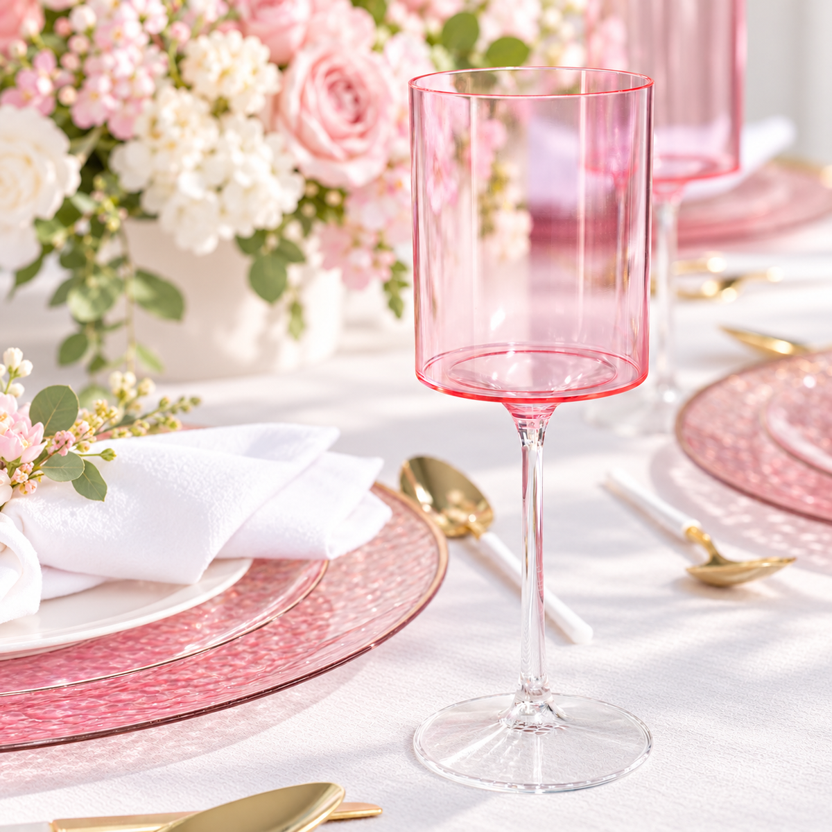 Pink and clear 9 fl oz plastic goblet in a pink and white banquet setting. Table decor is not included. Sold as ten goblets.