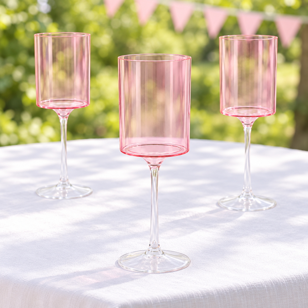 Three pink-and-clear goblets in an outdoor party setting. Partial arrangement; table linen and decorations are not included.
