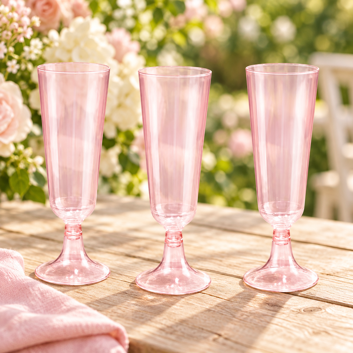 Three pink plastic champagne flutes on a garden celebration table; styled partial display.