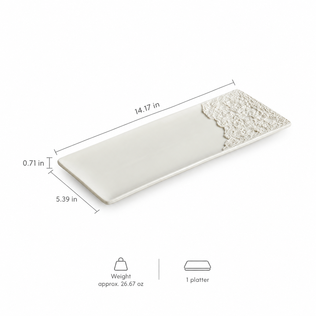 Length 14.17 in; Width 5.39 in; Height 0.71 in; Weight approx. 26.67 oz; 1 platter