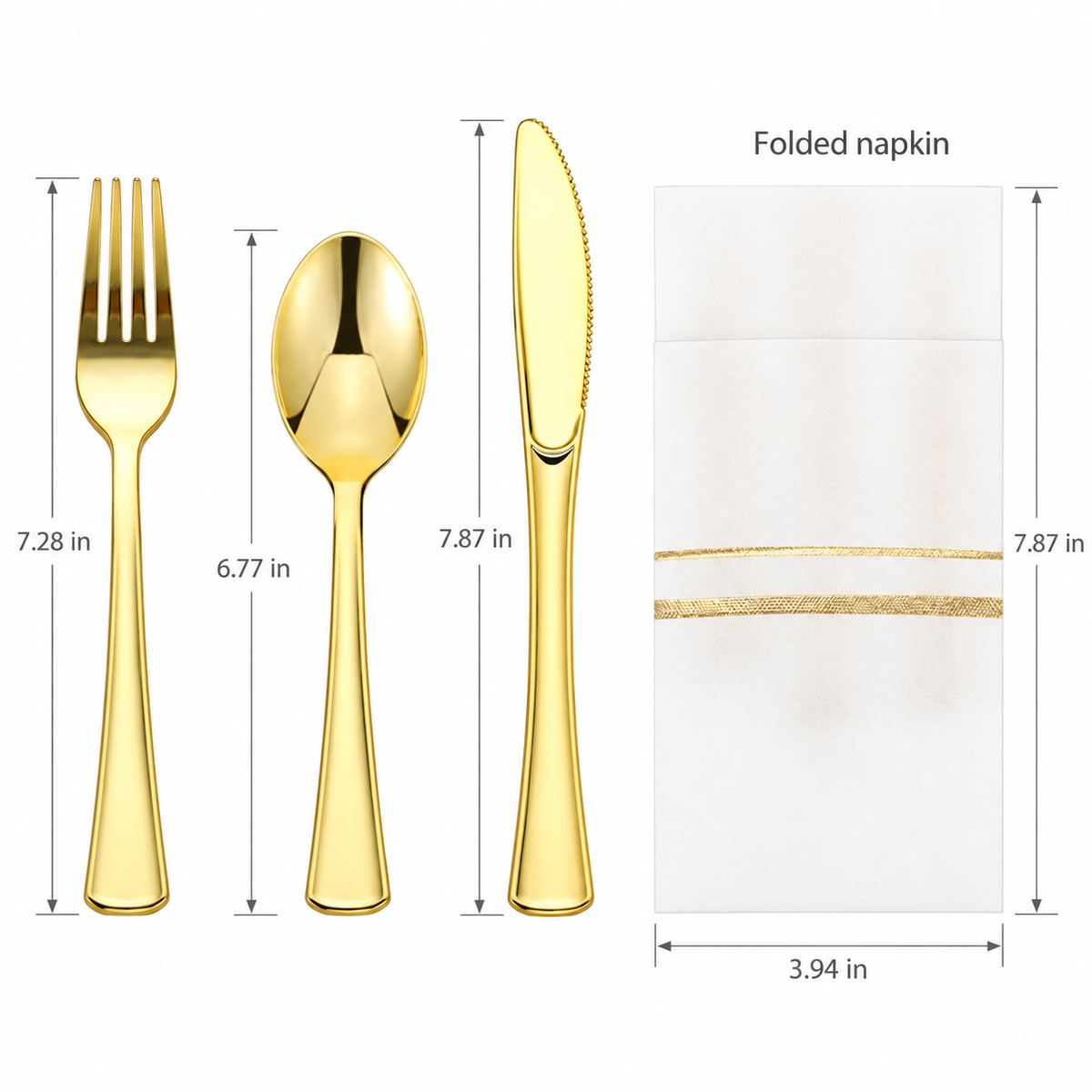Supplier dimensions: fork 7.28 inches, spoon 6.77 inches, knife 7.87 inches, folded pocket napkin 7.87 by 3.94 inches. Diagram not to scale.