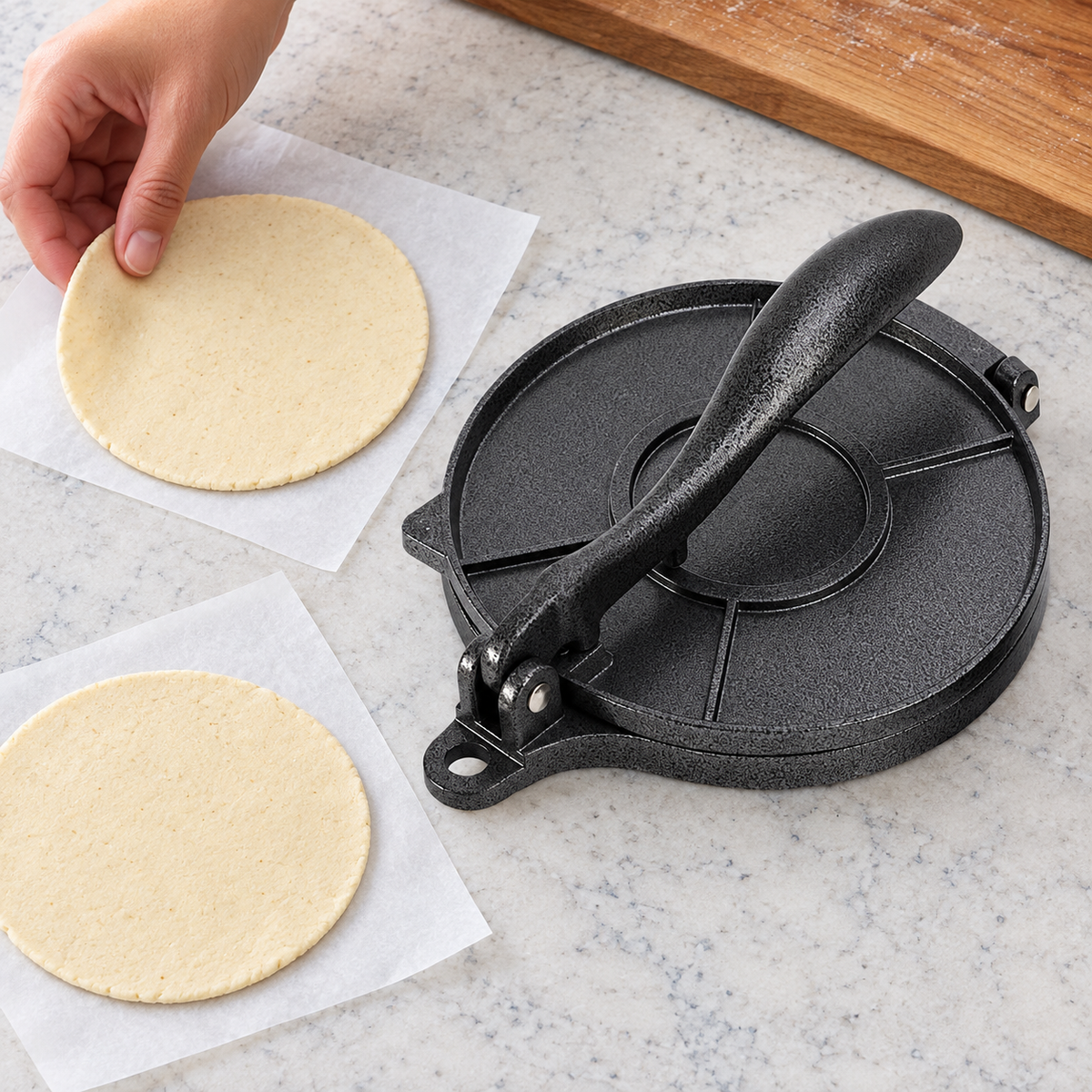 Black tortilla press next to uncooked dough rounds on paper while a hand arranges one