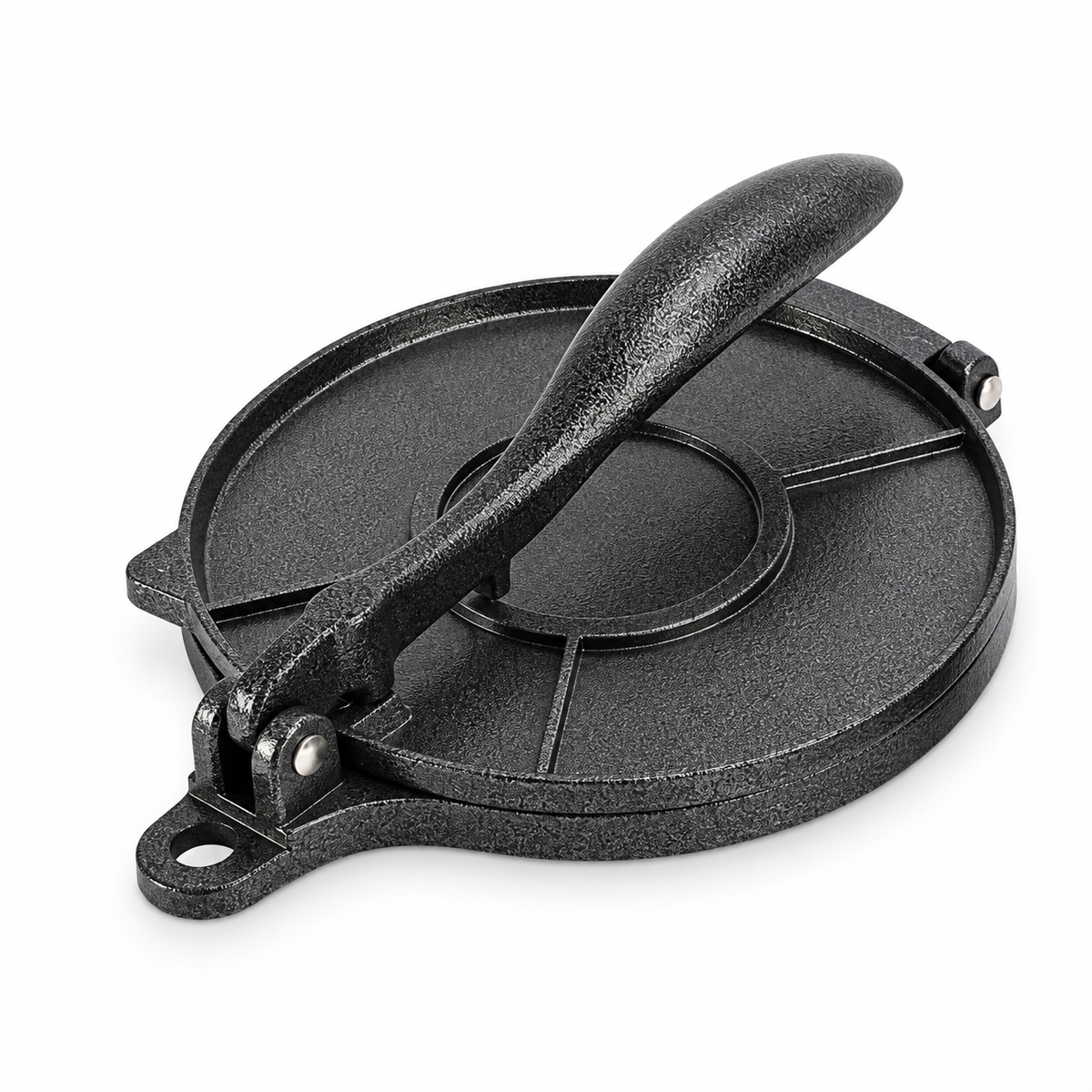 Black aluminum tortilla press with closed round plates and lever handle on white
