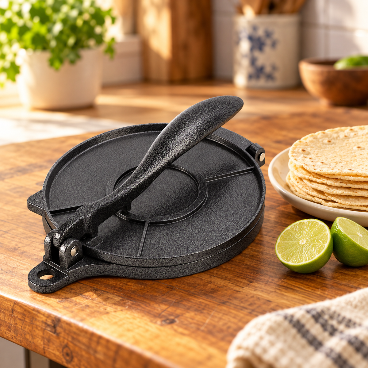 Black tortilla press beside a stack of tortillas and lime halves on a wooden counter