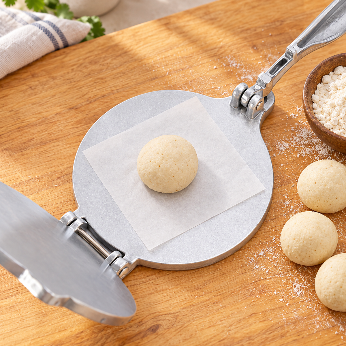 Masa dough ball on a paper-lined silver tortilla press before pressing