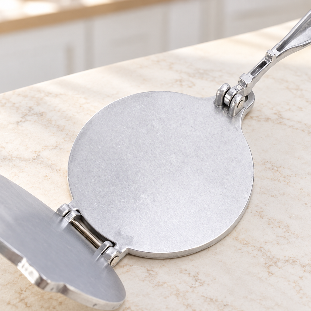 Open silver tortilla press showing the smooth pressing plate and hinge on a stone counter