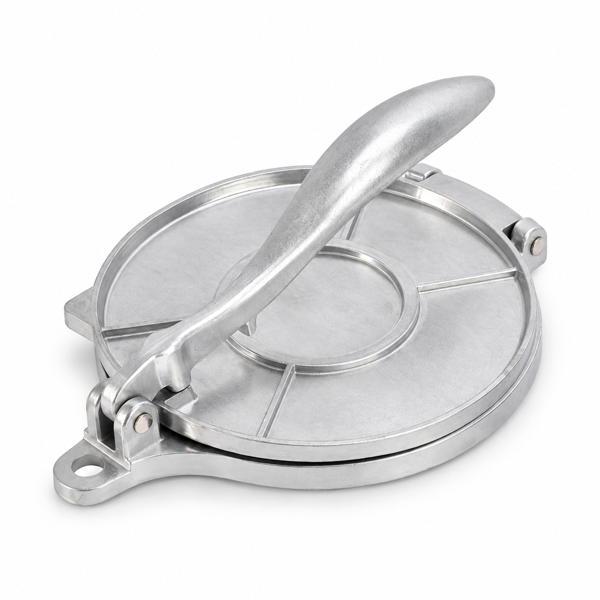 Silver aluminum tortilla press with closed round plates and lever handle on white