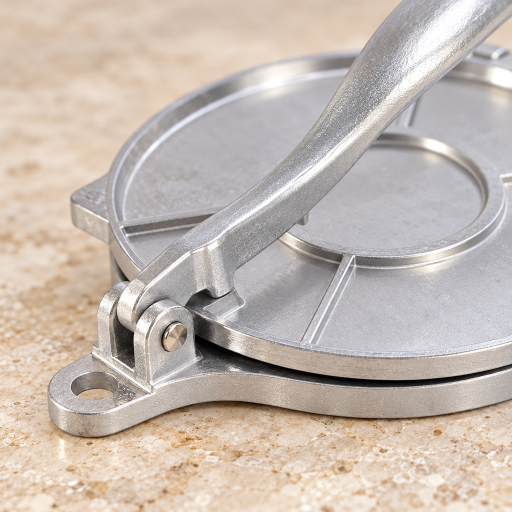 Close detail of the silver tortilla press lever pivot, hanging tab and plate edges