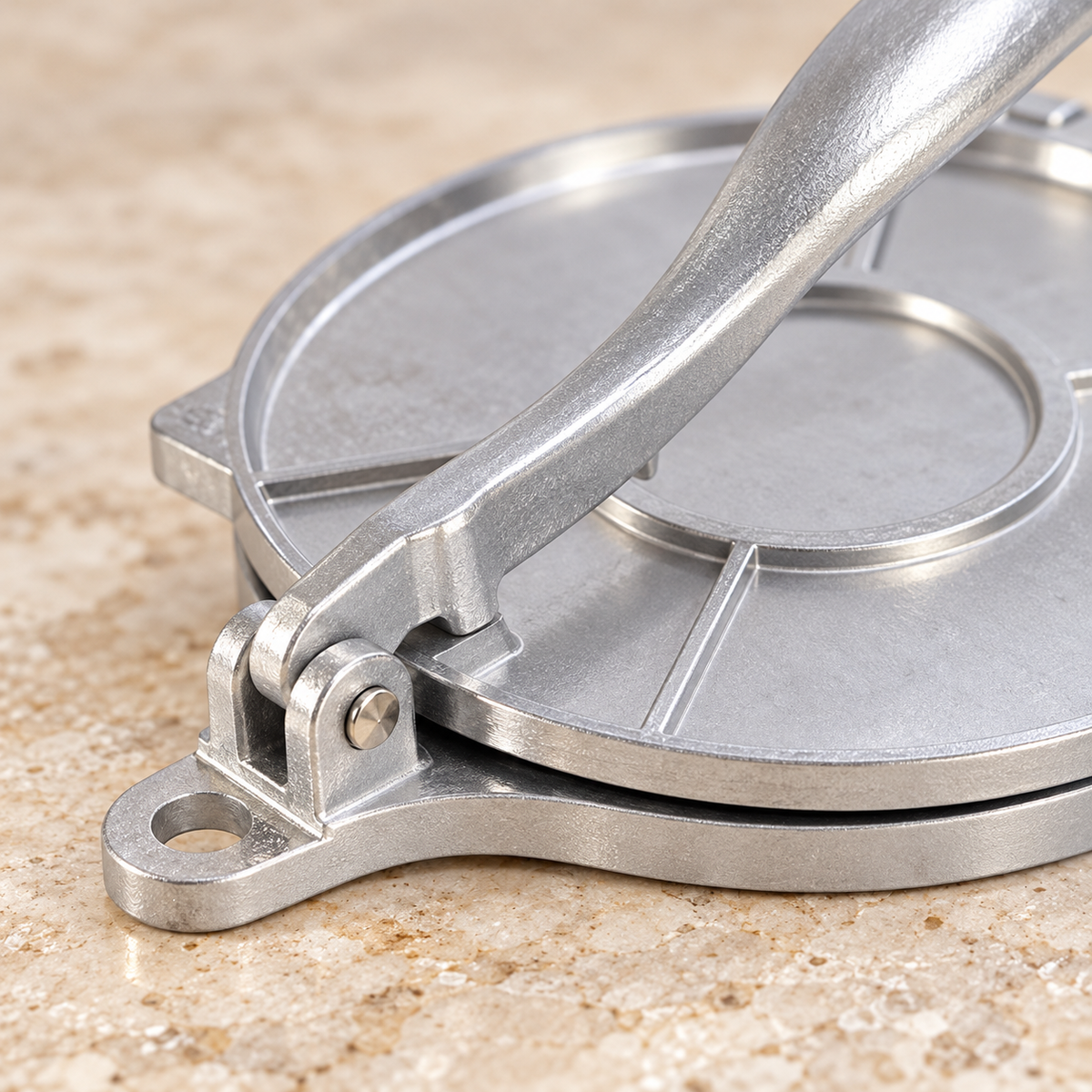 Close detail of the silver tortilla press lever pivot, hanging tab and plate edges
