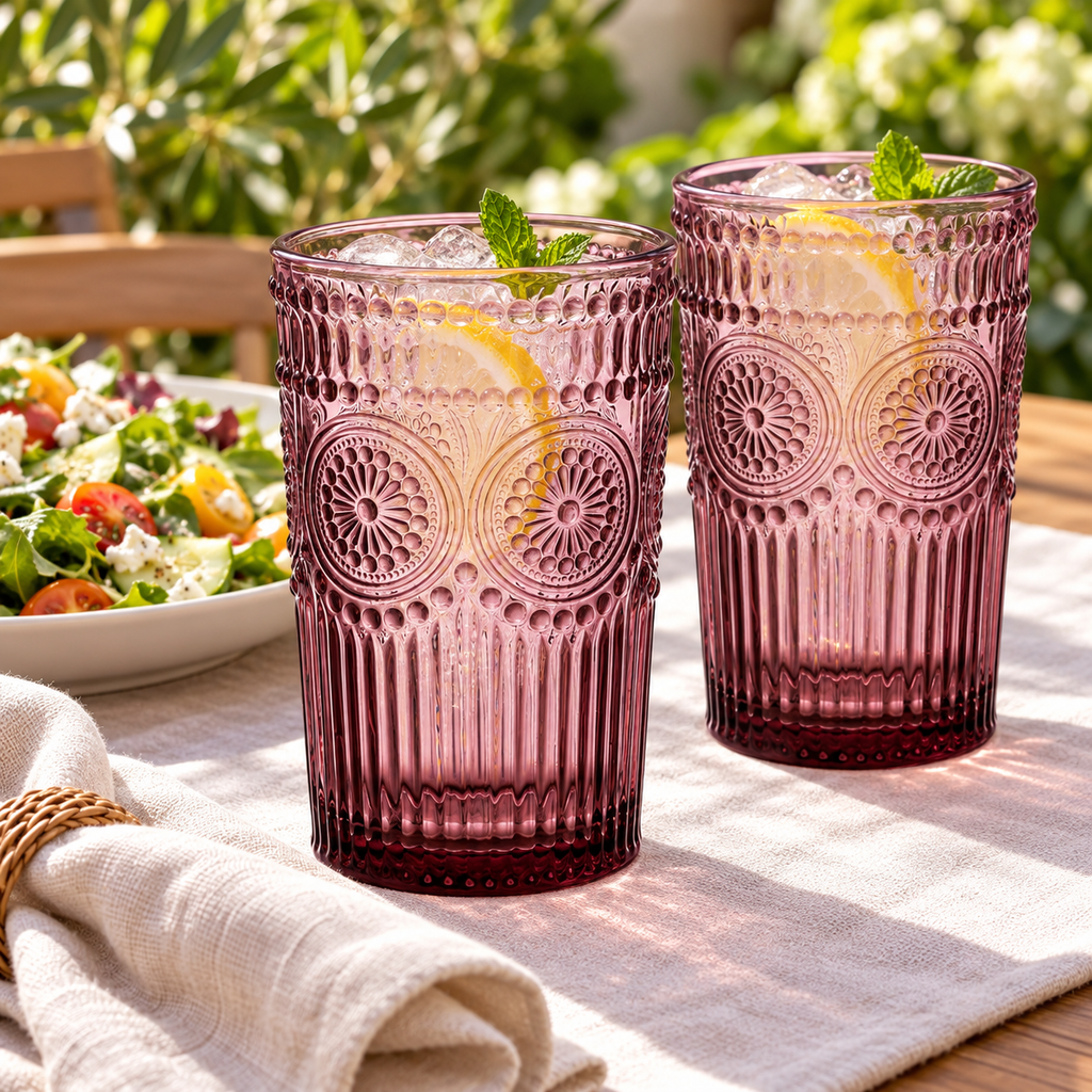 Purple embossed highball glasses: dining view