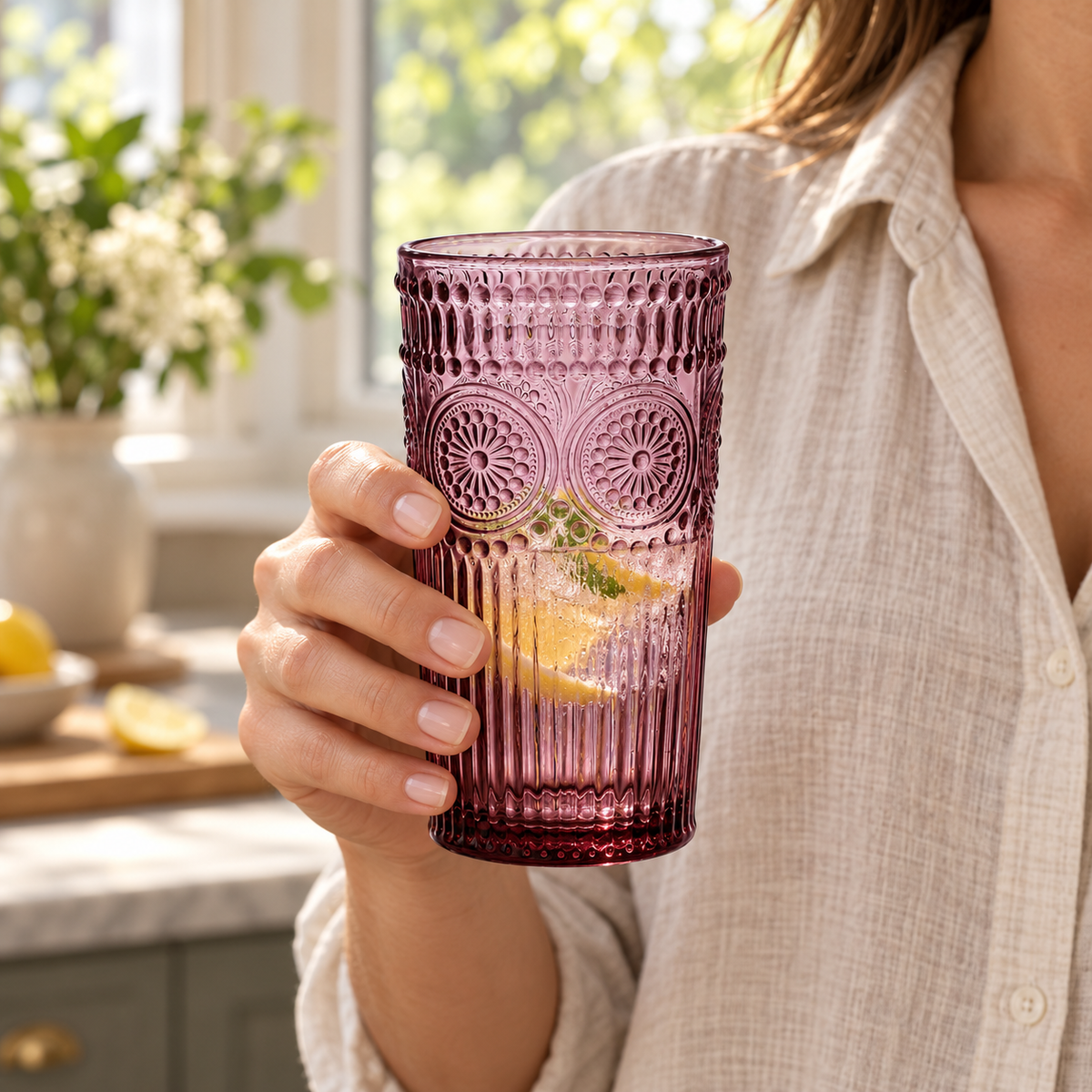Purple embossed highball glasses: handheld view