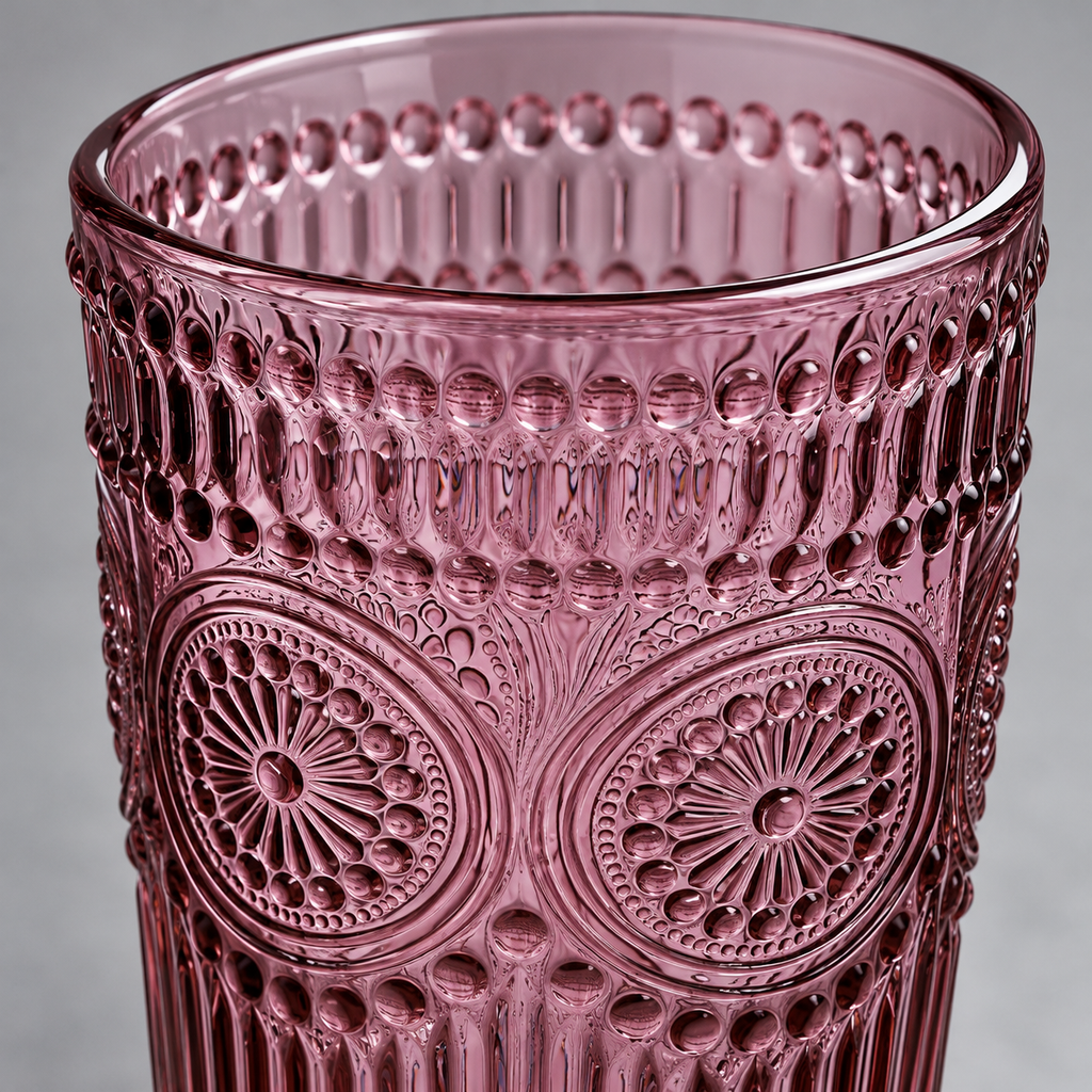 Purple embossed highball glasses: detail view