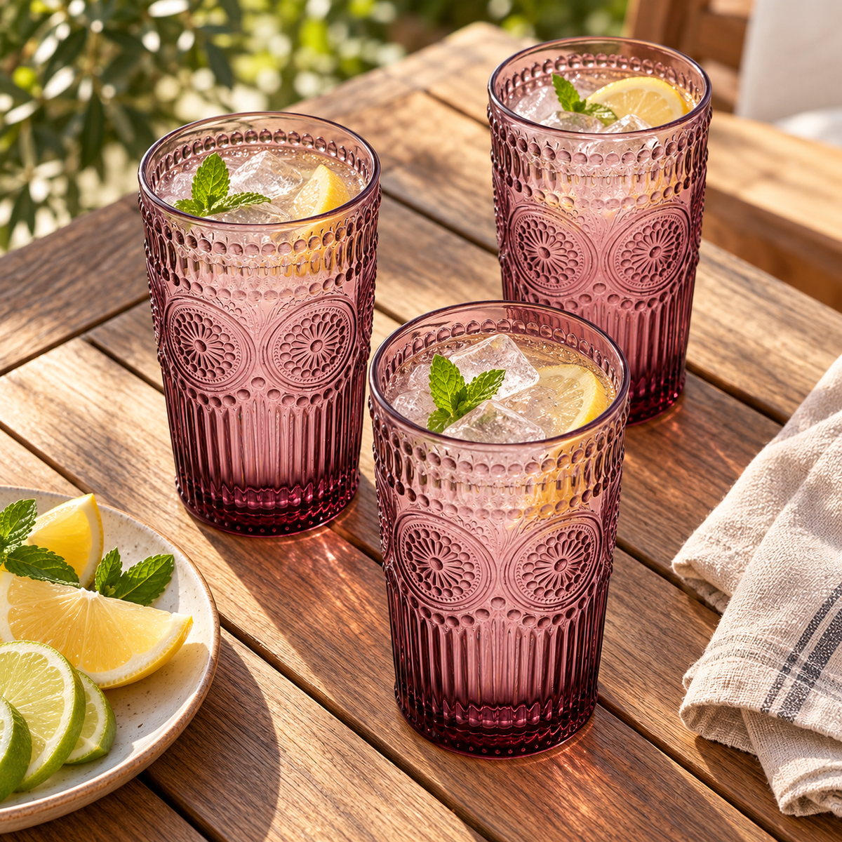 Purple embossed highball glasses: overhead view