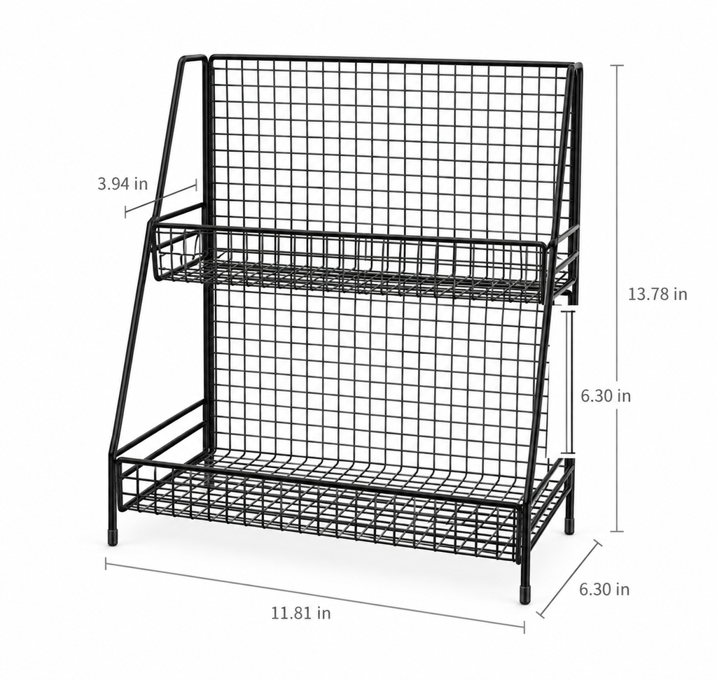 black two-tier rack 11.81 W × 6.30 D × 13.78 H in; top basket depth 3.94 in and shelf gap 6.30 in.
