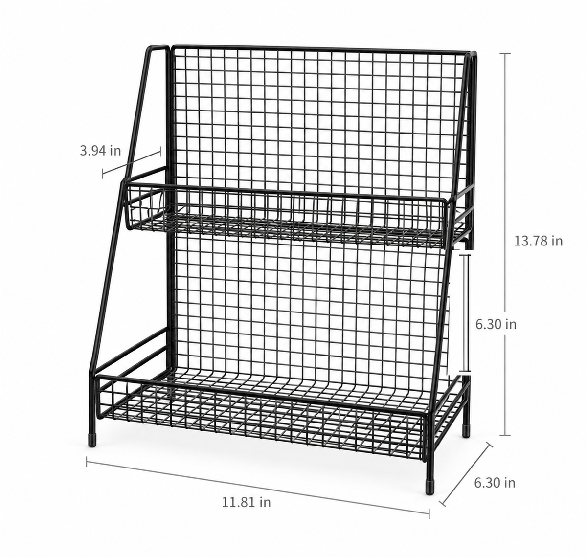 black two-tier rack 11.81 W × 6.30 D × 13.78 H in; top basket depth 3.94 in and shelf gap 6.30 in.