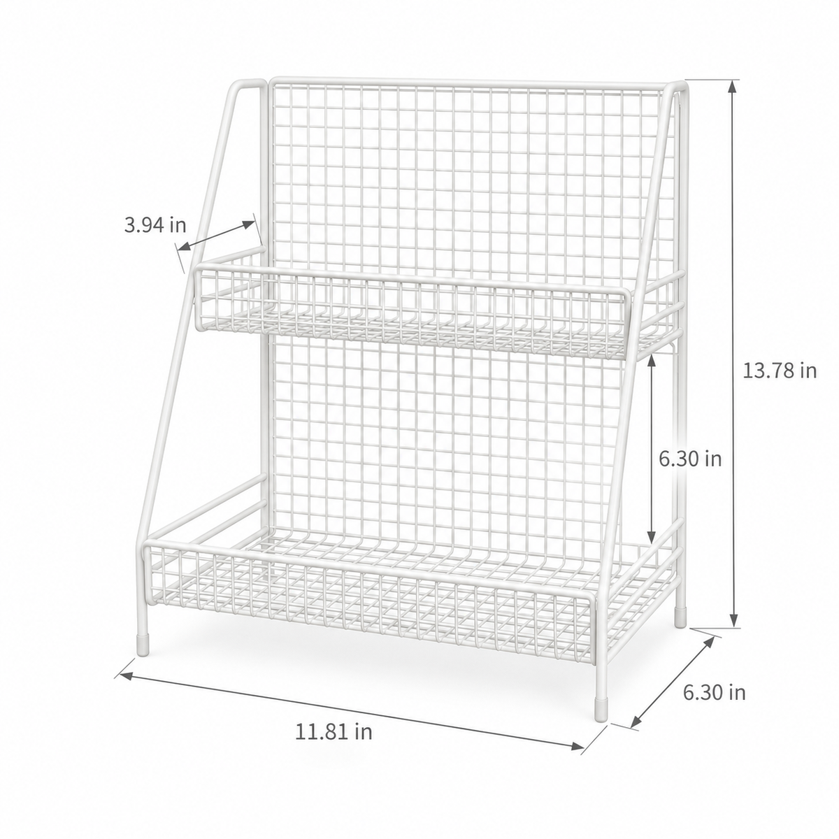 white two-tier rack 11.81 W × 6.30 D × 13.78 H in; top basket depth 3.94 in and shelf gap 6.30 in.