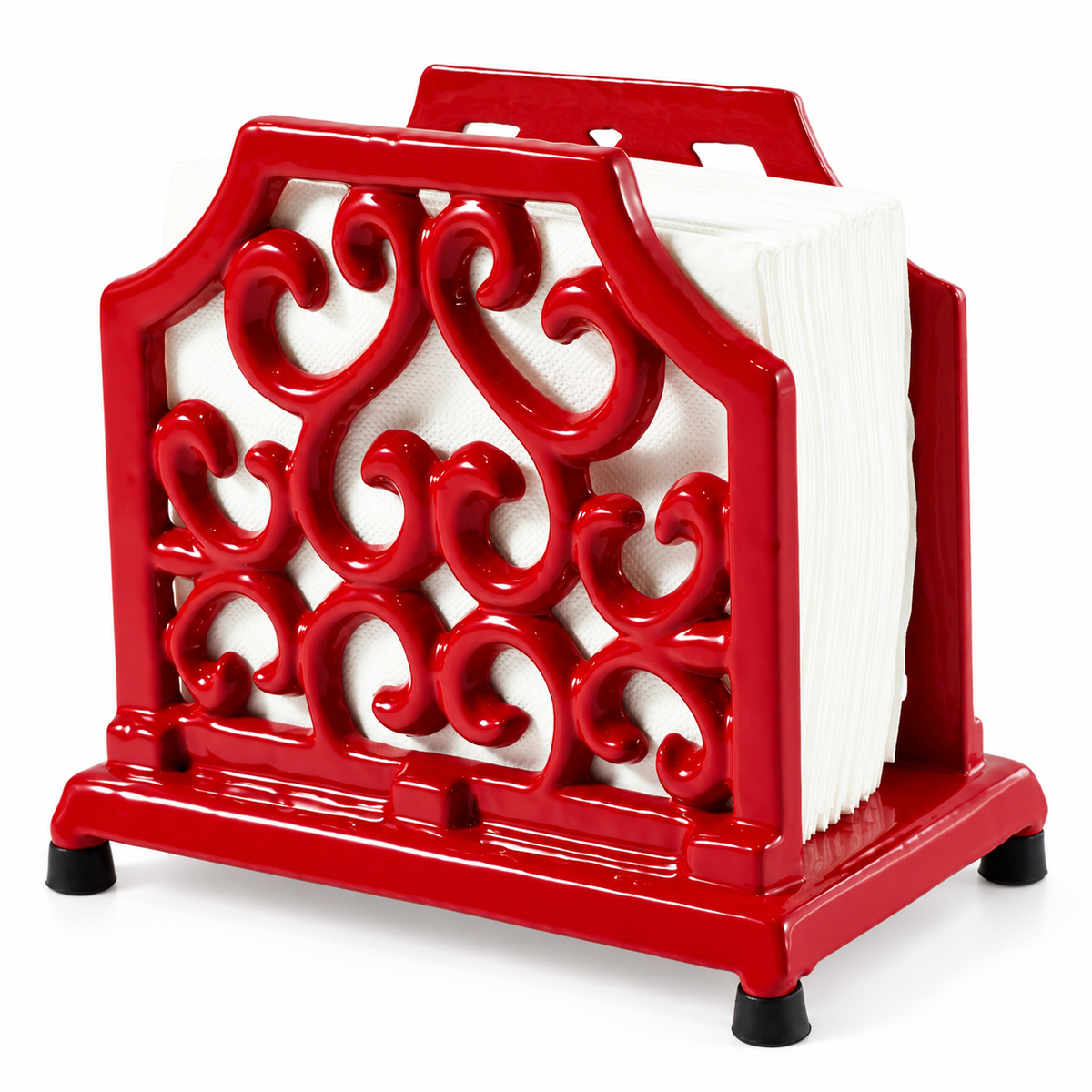 Red ornate napkin stand on white, shown with white napkins; napkins not included.