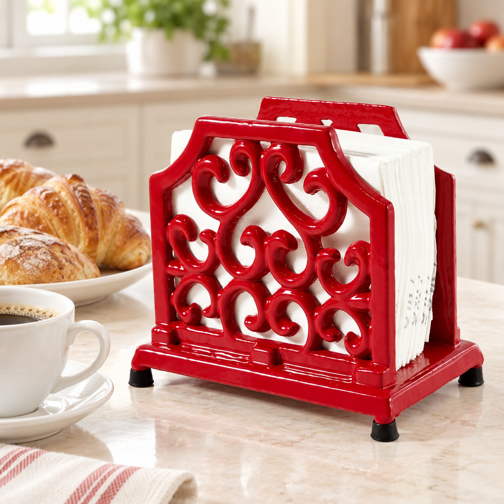 Red napkin stand on a breakfast table; napkins and props not included.