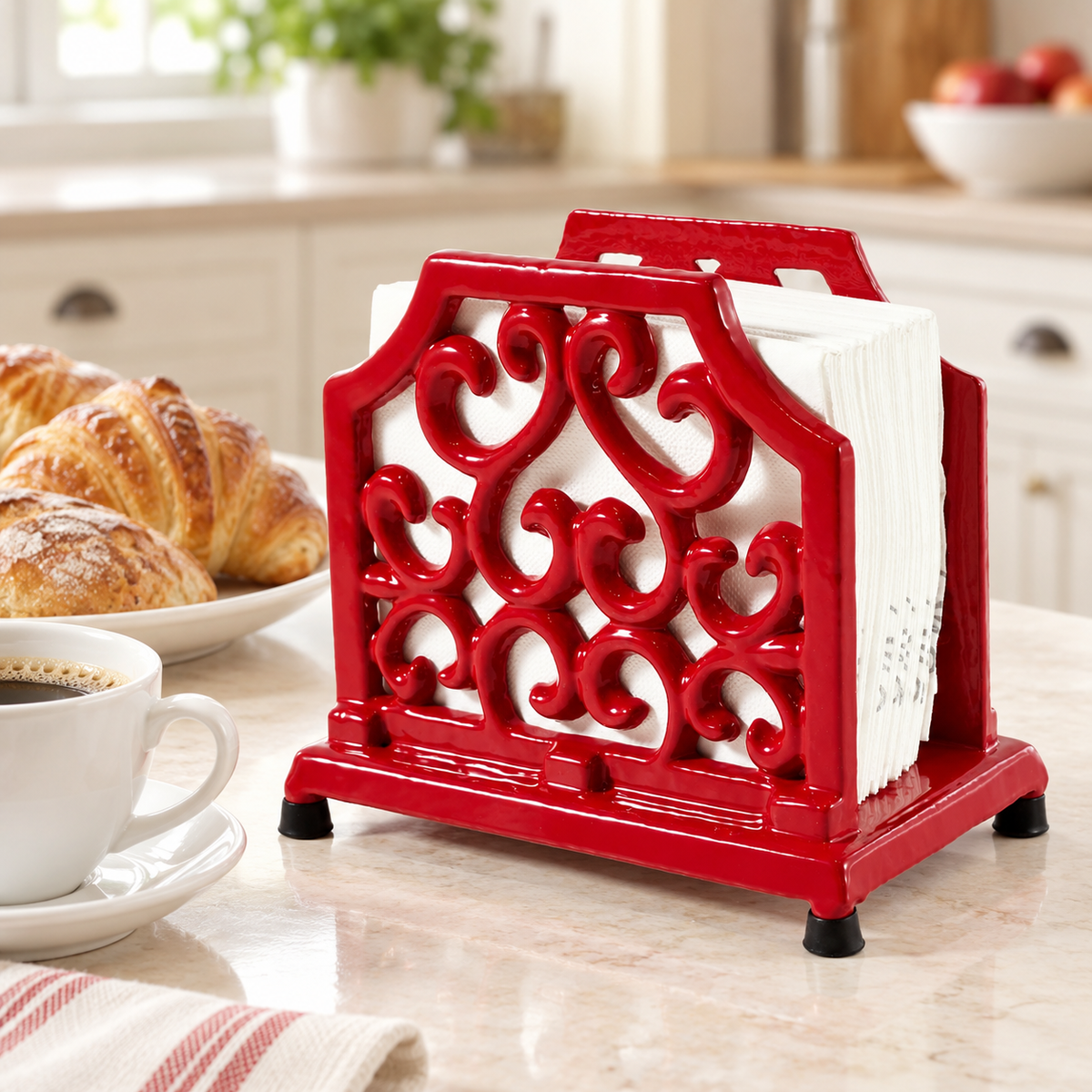 Red napkin stand on a breakfast table; napkins and props not included.