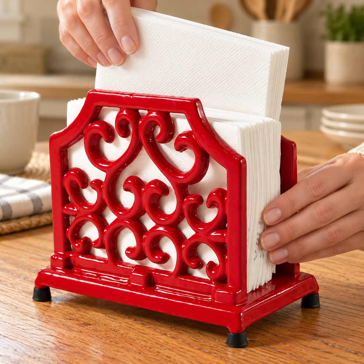 Hands adding fresh napkins to the red stand; napkins and props not included.