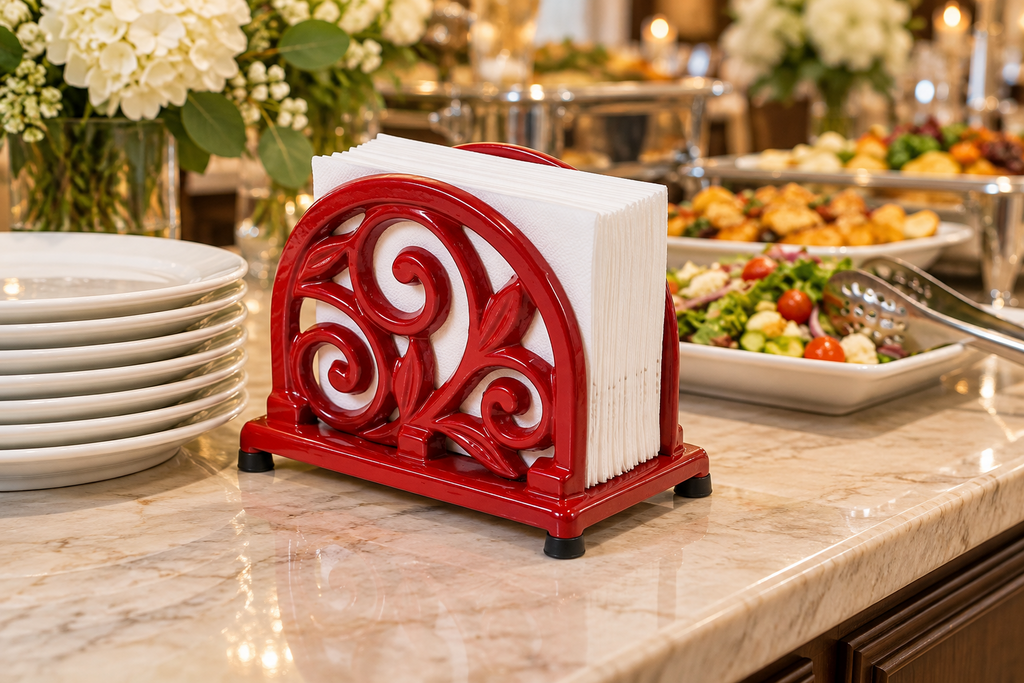 Red scrollwork cast iron napkin holder — buffet setting; napkins and props not included