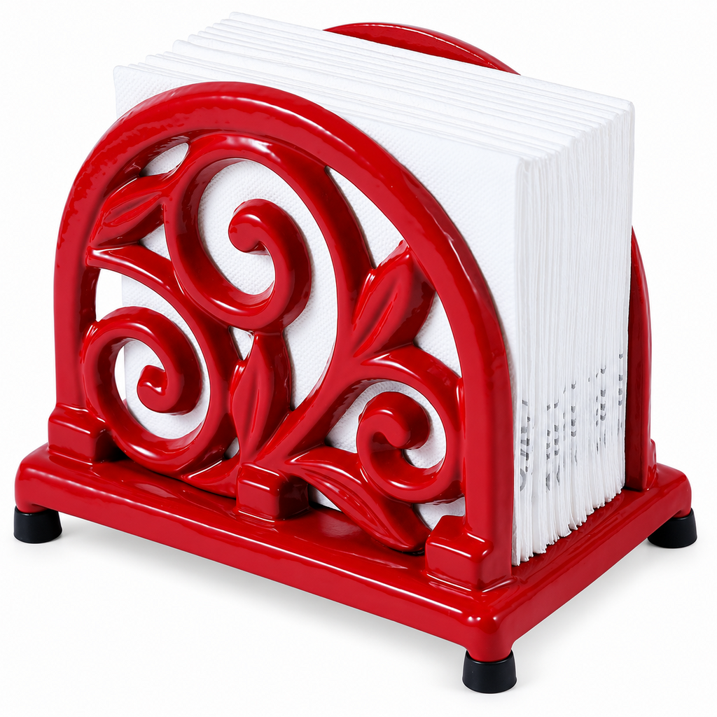 Red scrollwork cast iron napkin holder — white background setting; napkins and props not included