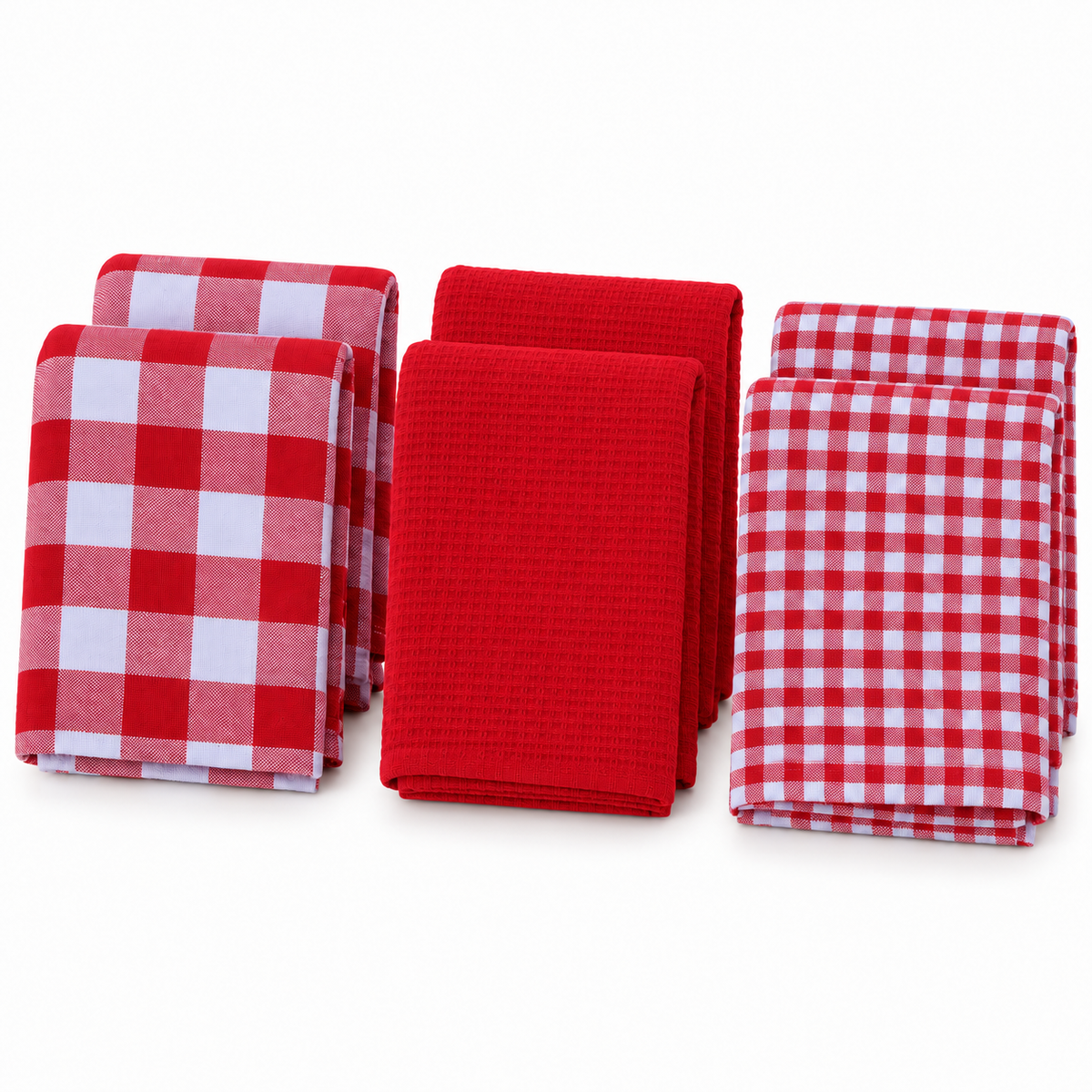 Full set of six red and white kitchen towels on white: two large checks, two solid red, and two small checks.