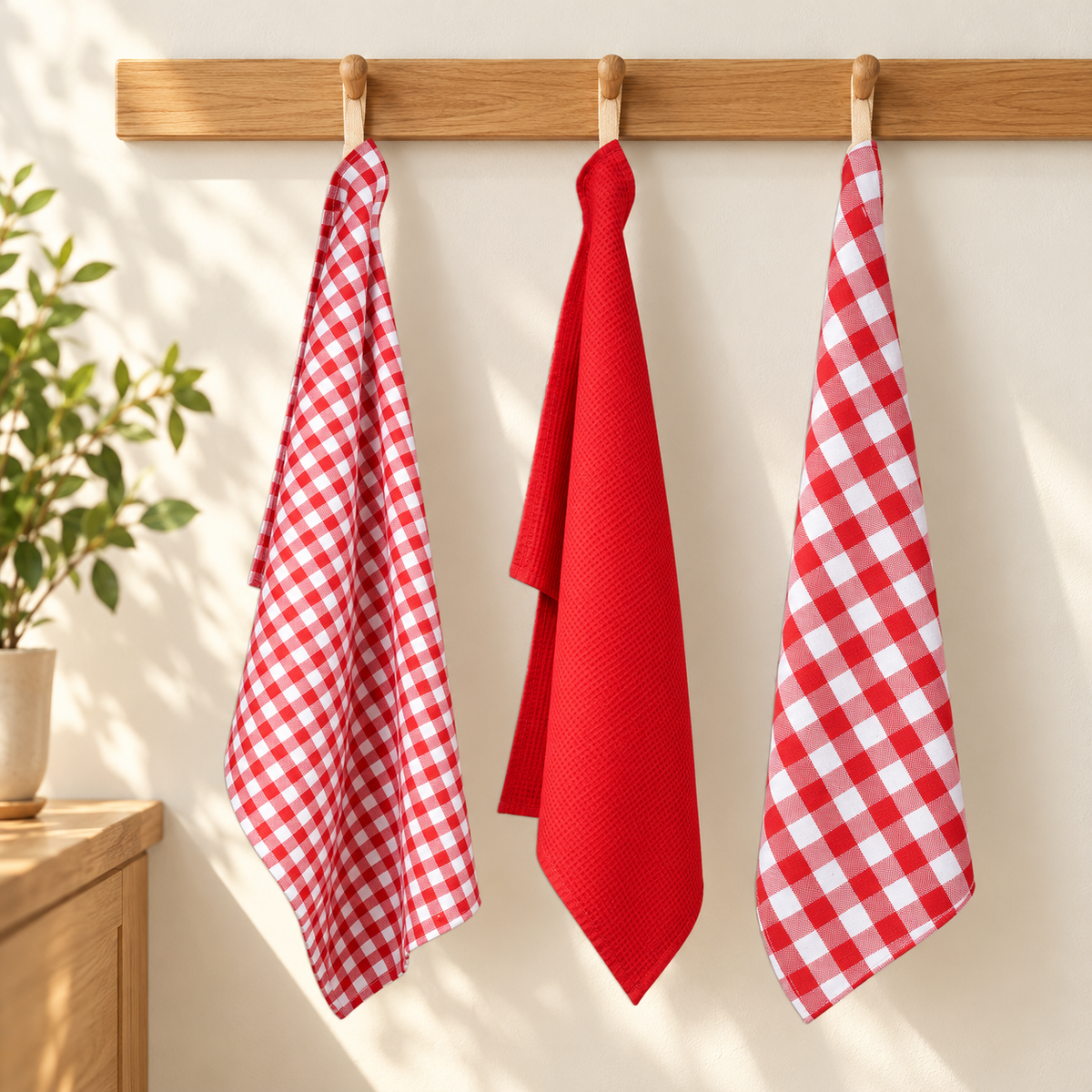 Three towel patterns shown hanging from their beige fabric corner loops: small checks, solid red, and large checks.