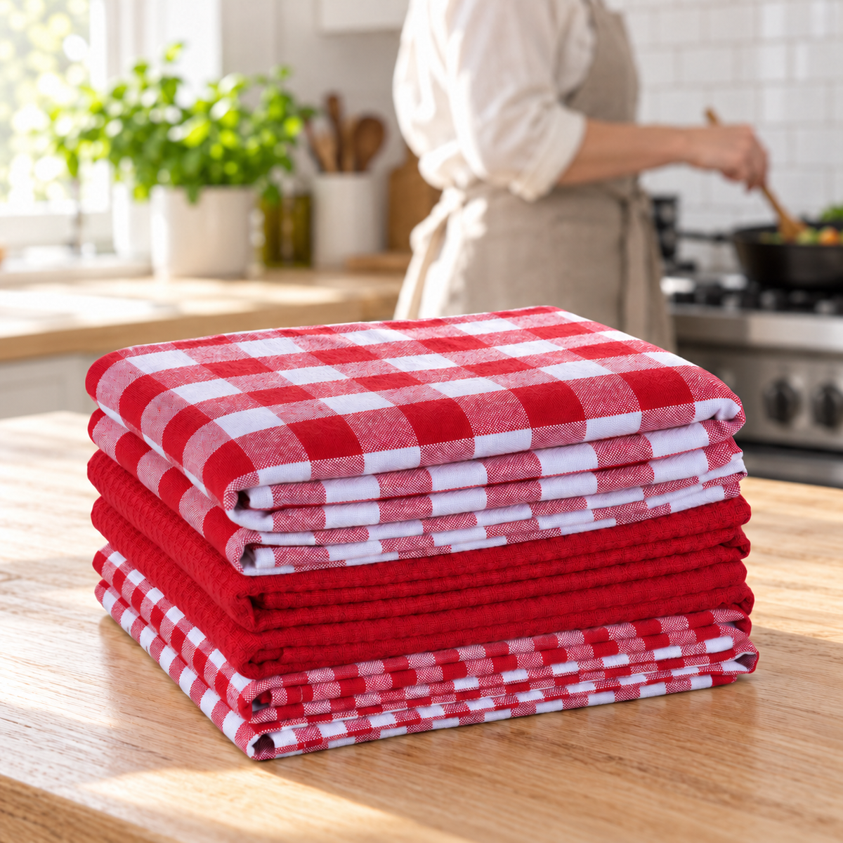 Six red and white cotton kitchen towels stacked on a counter: two large checks, two solid red, and two small checks.