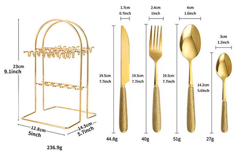 Supplier dimensions for gold cutlery and stand: knife, fork and spoon 19.5 cm, teaspoon 14.2 cm, stand 23 cm high.