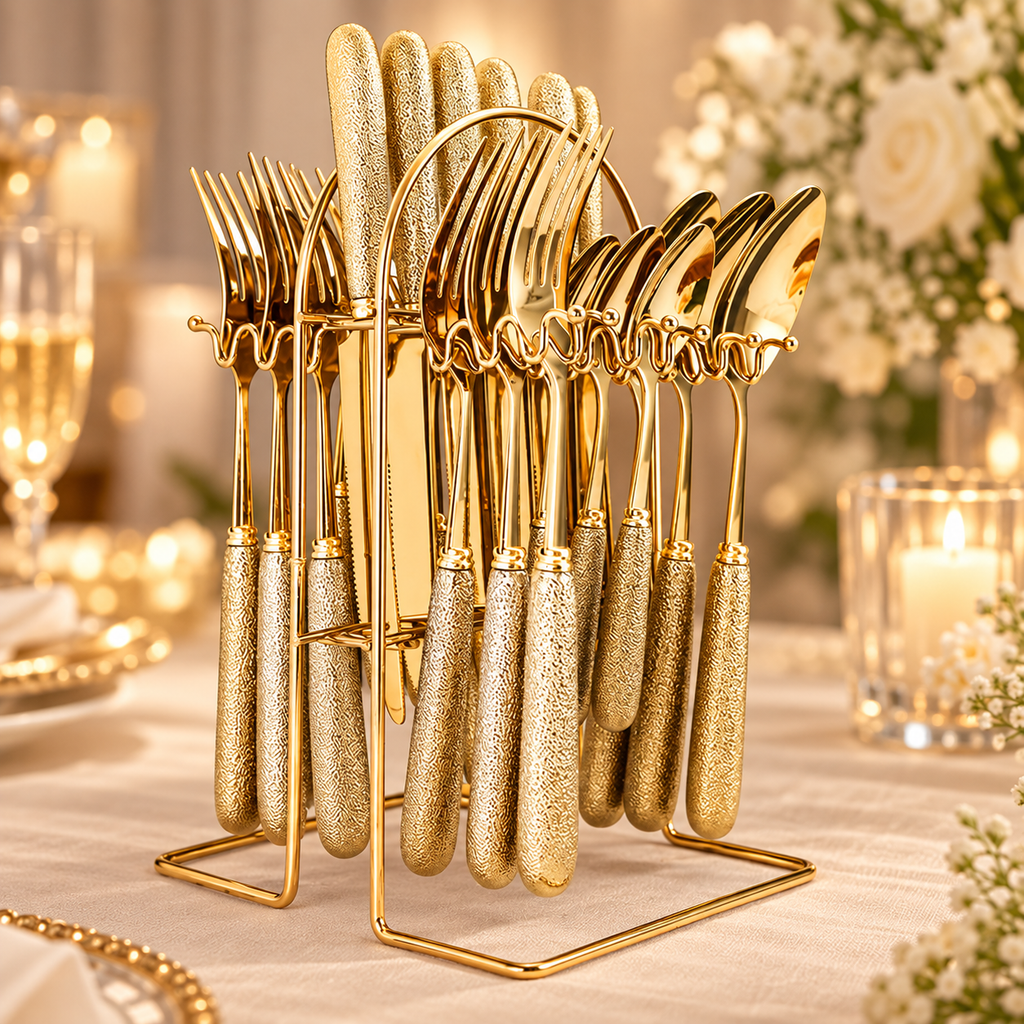 Regal gold 24-piece cutlery with textured handles on its wire stand, styled on ivory linen; decorative props not included.