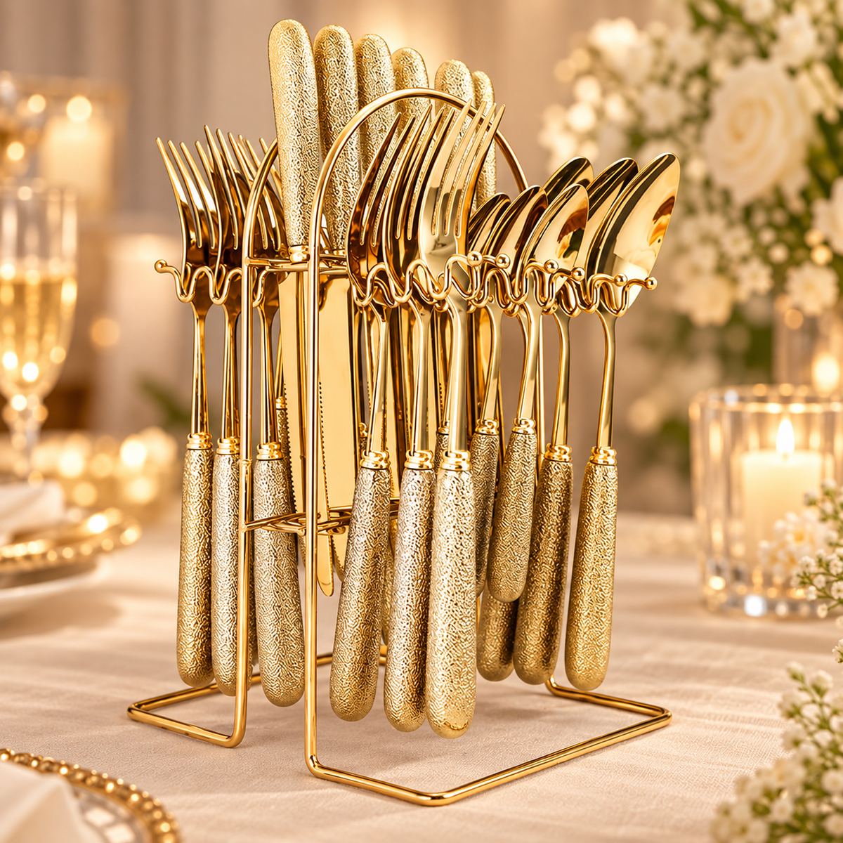 Regal gold 24-piece cutlery with textured handles on its wire stand, styled on ivory linen; decorative props not included.