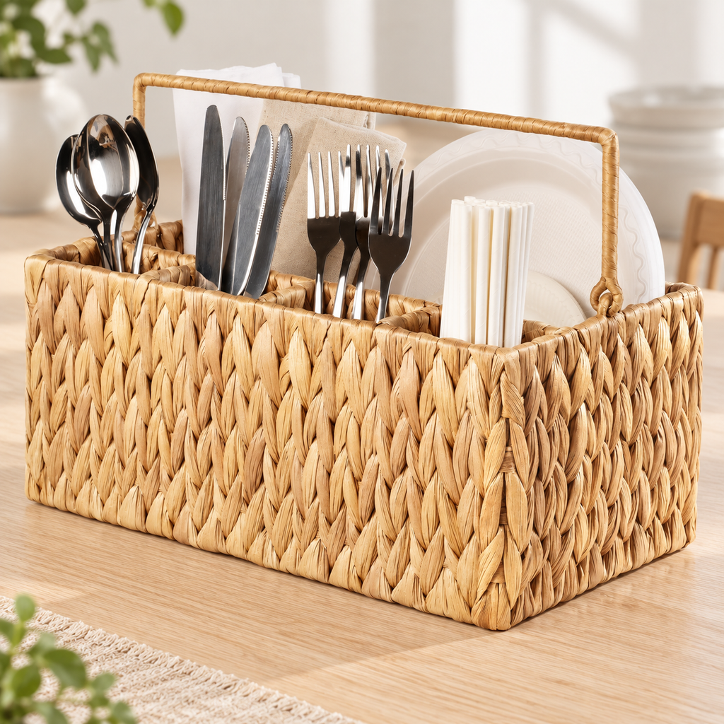 Woven utensil caddy staged with cutlery, napkins and plates; contents not included