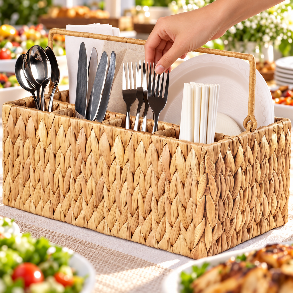 Hand selecting a fork from the caddy; styling props not included