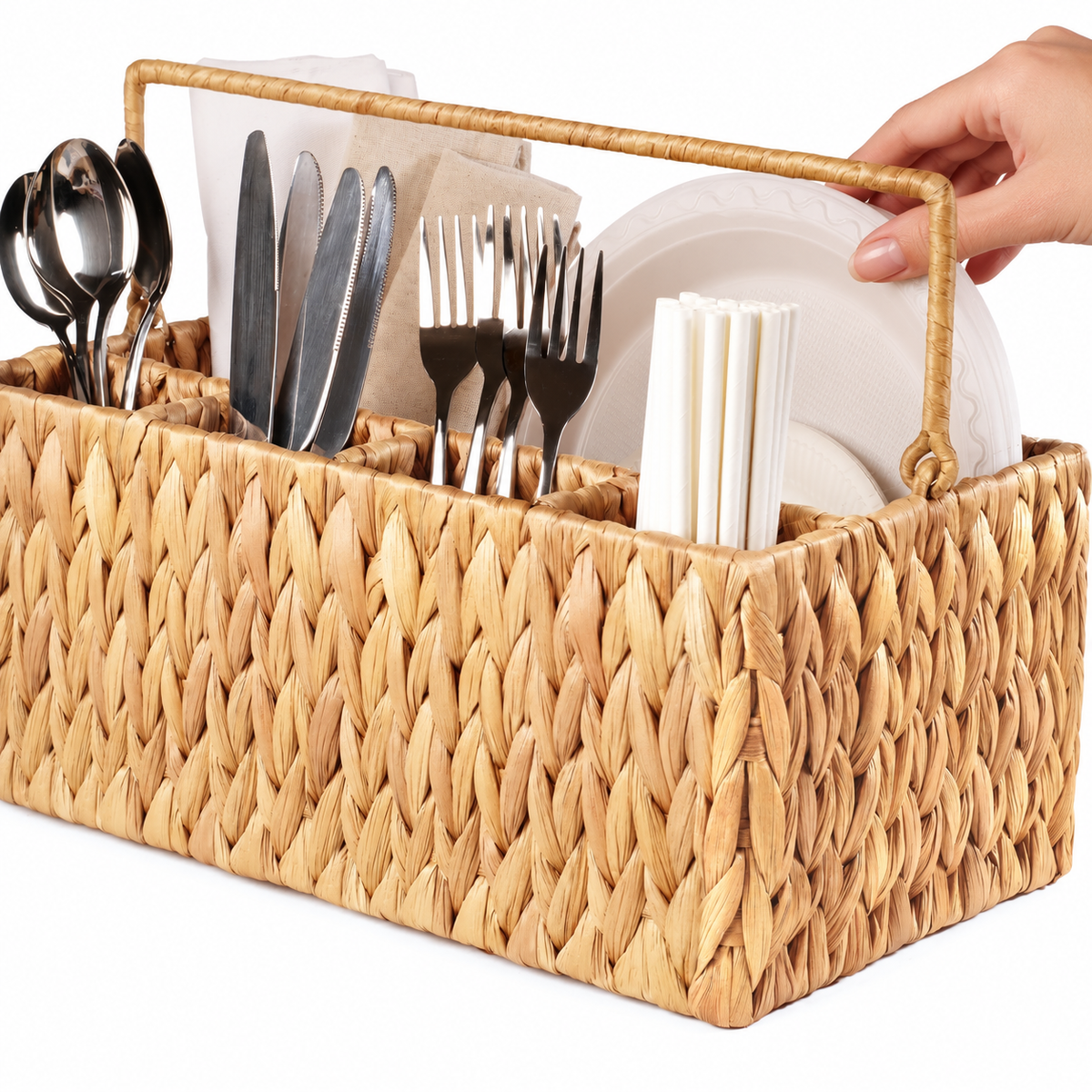 Hand approaching the upper edge of a plate in the rear section; styling props not included