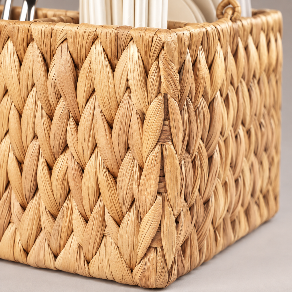 Natural woven front corner and wrapped upper rim detail