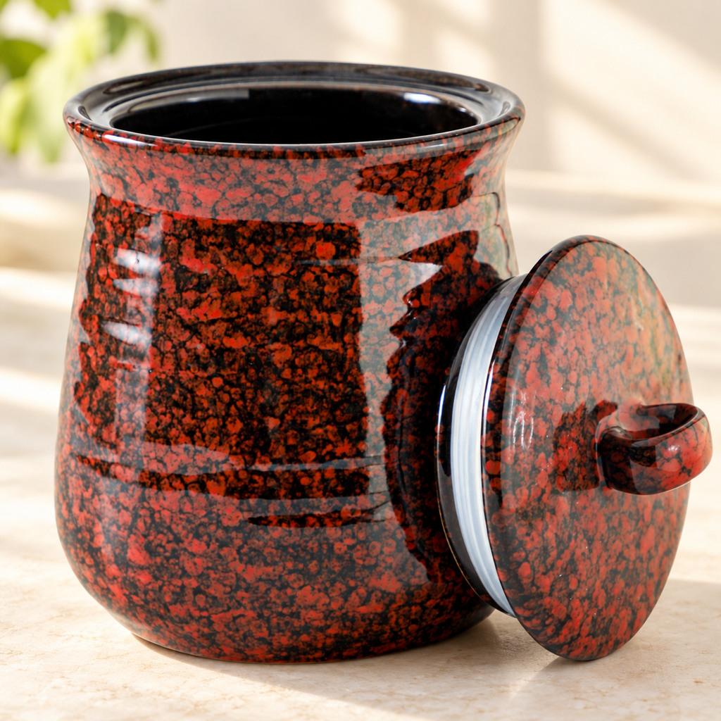 Red and black speckled jar with lid leaning beside it