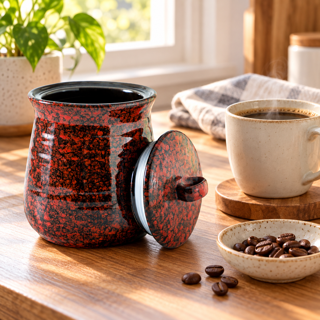 Speckled jar beside a coffee cup and a dish of beans; styling props not included